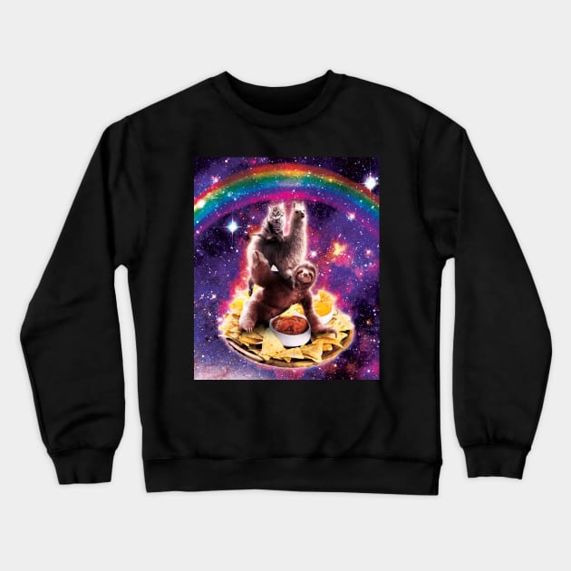 Space Cat Llama Sloth Riding Nachos Crewneck Sweatshirt by Random Galaxy